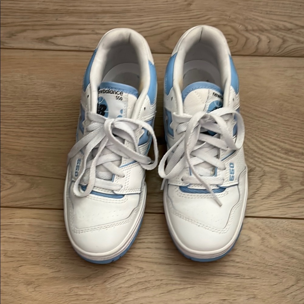 New Balance White and Light Blue Sneakers